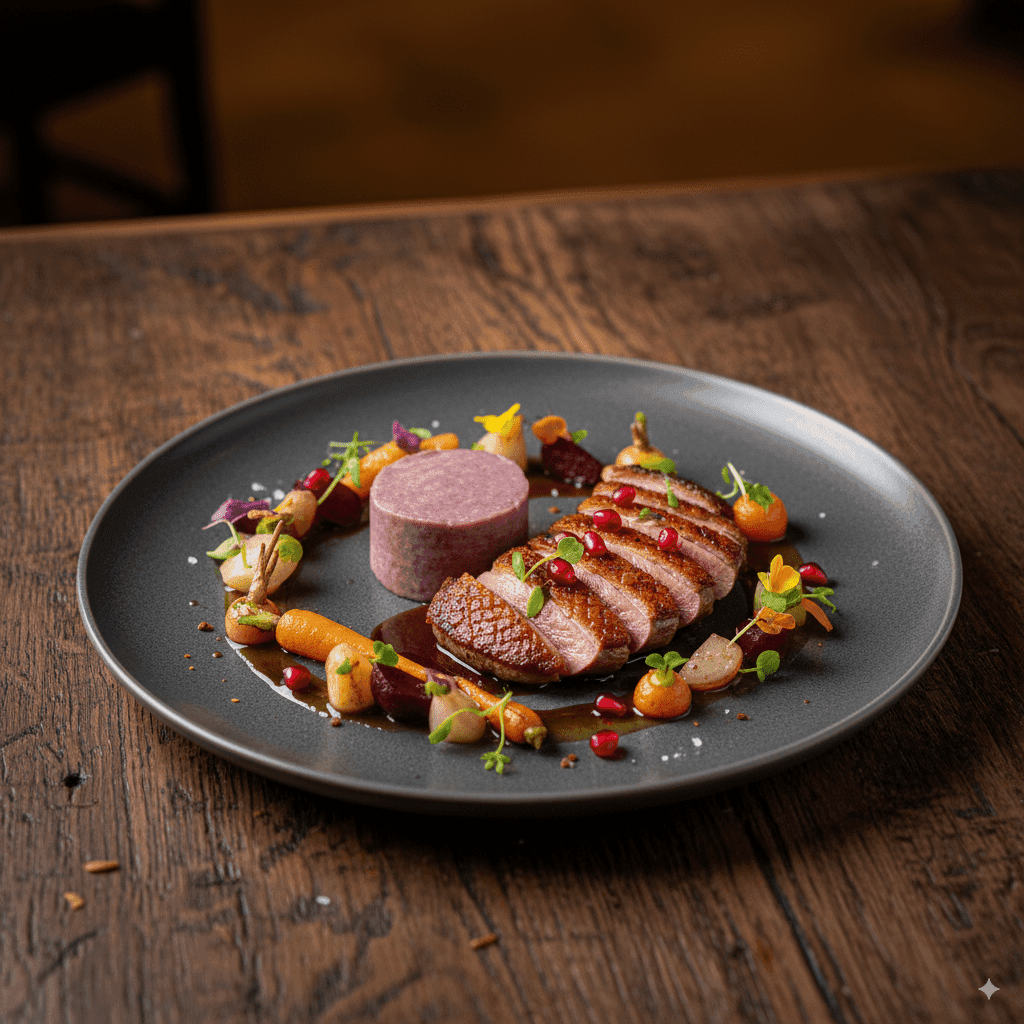 A beautifully arranged plate of gourmet food on a dark table