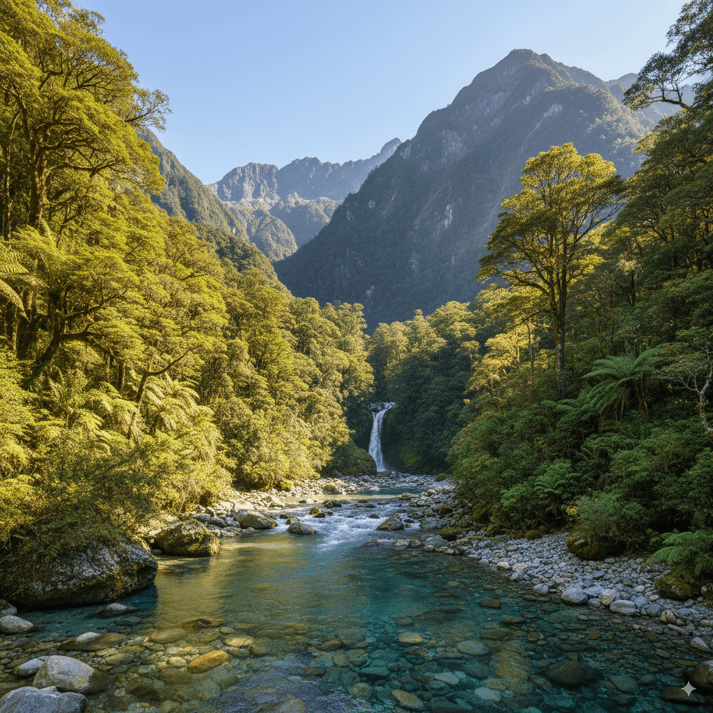 A pristine natural landscape with lush greenery and clear water